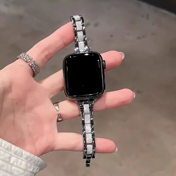 Apple Watch Band Adjustable Slim Stylish Strap Silver Resin Stainless Chain - Picture 1 of 3